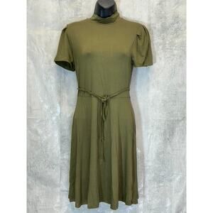 RDI Women's Olive Mock Neck Puff Short Sleeve Tie Waist Fit & Flare Mini Dress